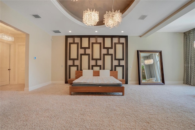 unfurnished bedroom featuring a chandelier, light colored carpet, and a raised ceiling