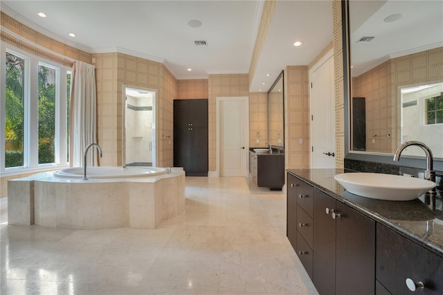 bathroom featuring vanity, tiled bath, plenty of natural light, and ornamental molding