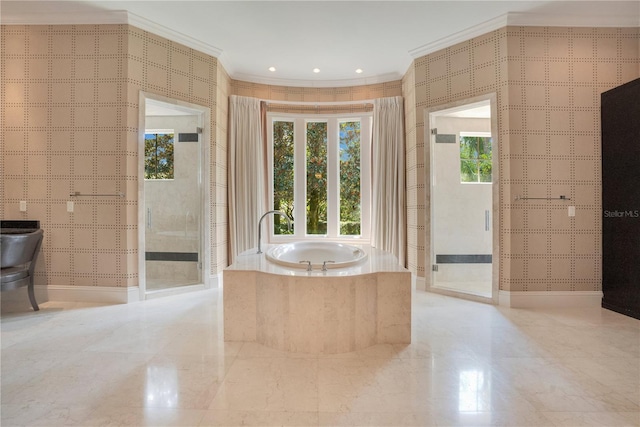 bathroom featuring tiled bath and ornamental molding