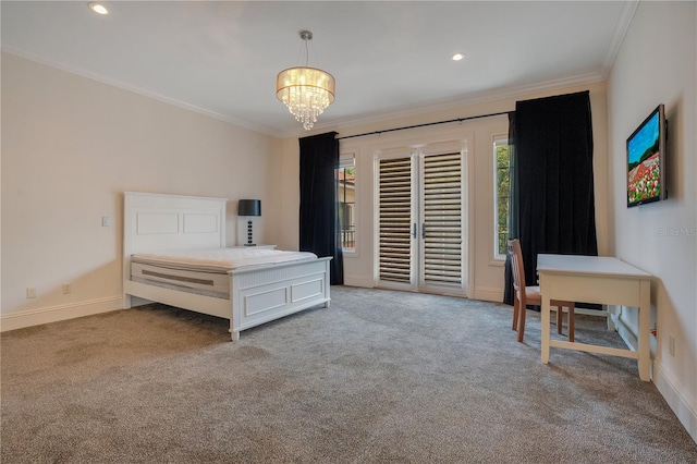 carpeted bedroom with crown molding and a notable chandelier