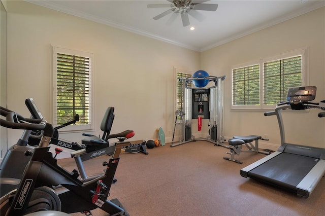 workout room with plenty of natural light, ceiling fan, and ornamental molding