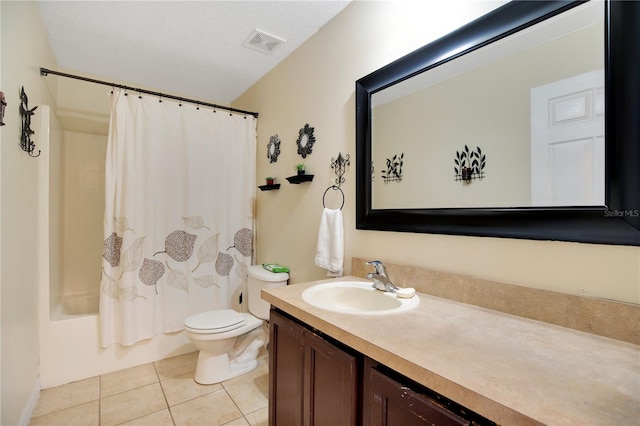 full bathroom with vanity, shower / tub combo, toilet, and tile patterned floors