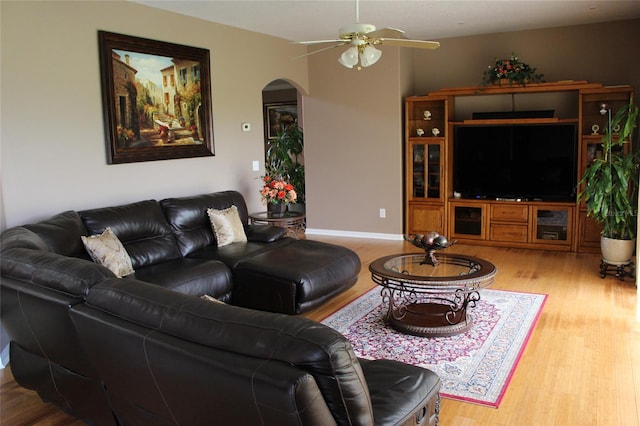 living room with ceiling fan and wood-type flooring