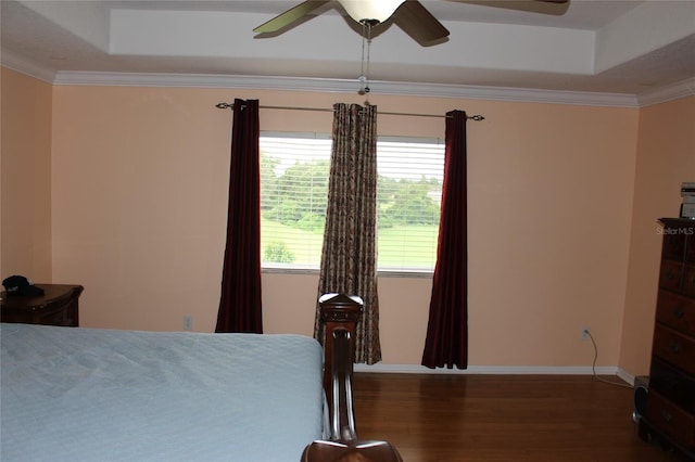 bedroom featuring ceiling fan, a tray ceiling, dark hardwood / wood-style floors, and ornamental molding