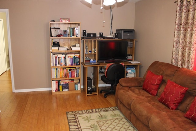 living room with ceiling fan and hardwood / wood-style floors