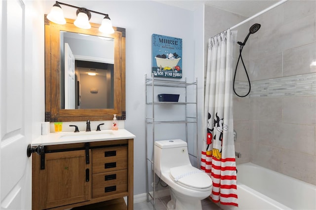 full bathroom with vanity, shower / bath combo with shower curtain, and toilet