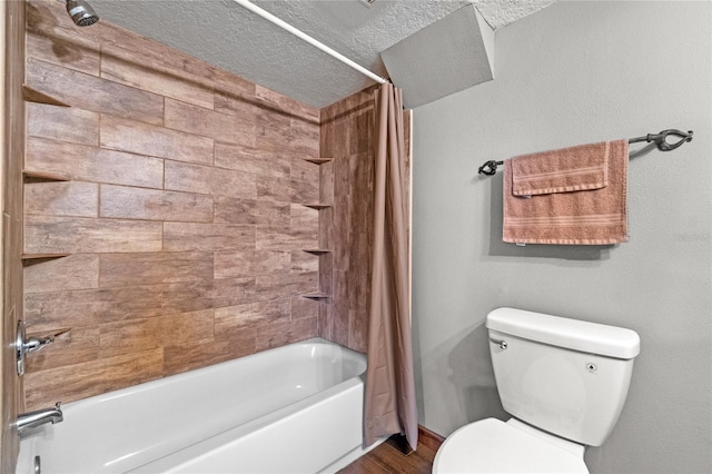 bathroom featuring a textured ceiling, hardwood / wood-style flooring, toilet, and shower / bath combo with shower curtain