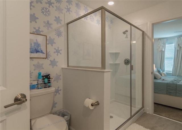 full bath with wallpapered walls, tile patterned flooring, ensuite bath, toilet, and a shower stall