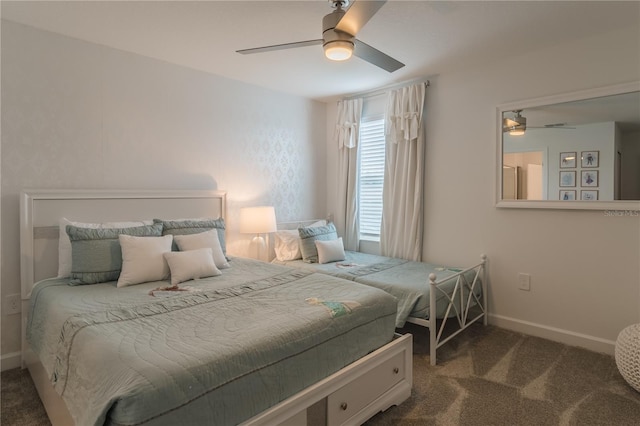 bedroom featuring carpet, baseboards, and ceiling fan