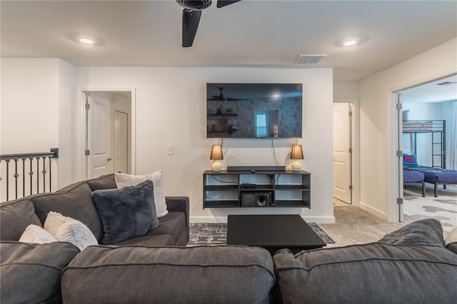 living room with ceiling fan, visible vents, recessed lighting, carpet floors, and baseboards