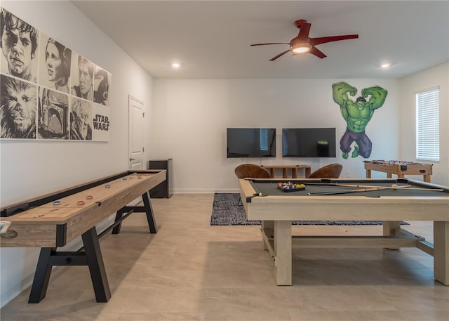 rec room featuring billiards, a ceiling fan, recessed lighting, and baseboards