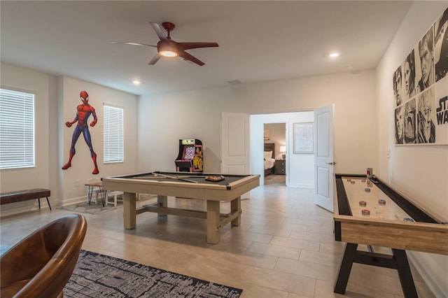 playroom featuring baseboards, billiards, tile patterned floors, recessed lighting, and a ceiling fan