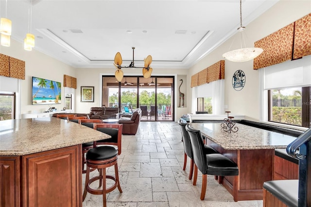 kitchen featuring hanging light fixtures, crown molding, and plenty of natural light