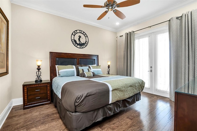 bedroom with ornamental molding, ceiling fan, and dark wood-type flooring