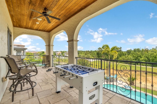 view of patio / terrace with ceiling fan and a fenced in pool