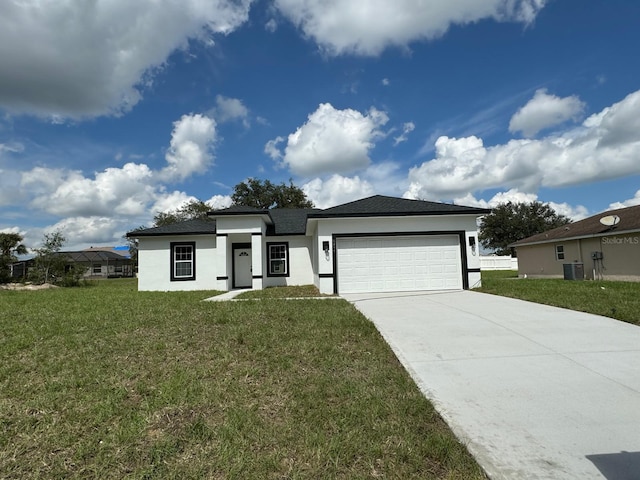 6895 SW 130th Ln, Ocala, FL 34473 - view of front facade featuring stucco siding, a garage, a front lawn, central air condition unit, and concrete driveway