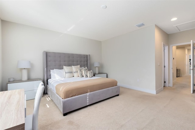 bedroom with light colored carpet