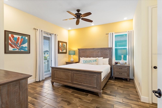 bedroom featuring ceiling fan, access to outside, and dark wood-type flooring