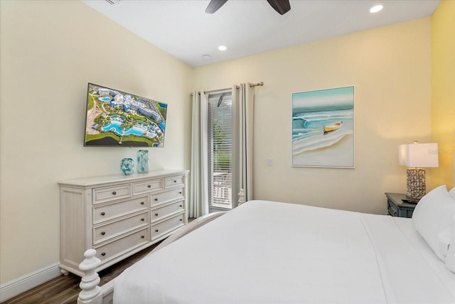 bedroom featuring hardwood / wood-style floors and ceiling fan