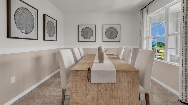 dining area with light colored carpet