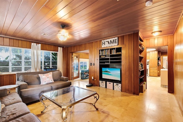 living room featuring ceiling fan, wood ceiling, built in features, and wood walls