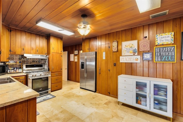 kitchen featuring wood walls, stainless steel appliances, wooden ceiling, and ceiling fan