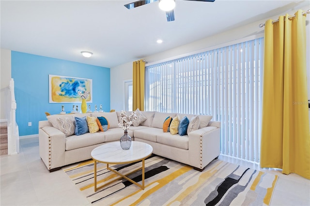 living room with ceiling fan