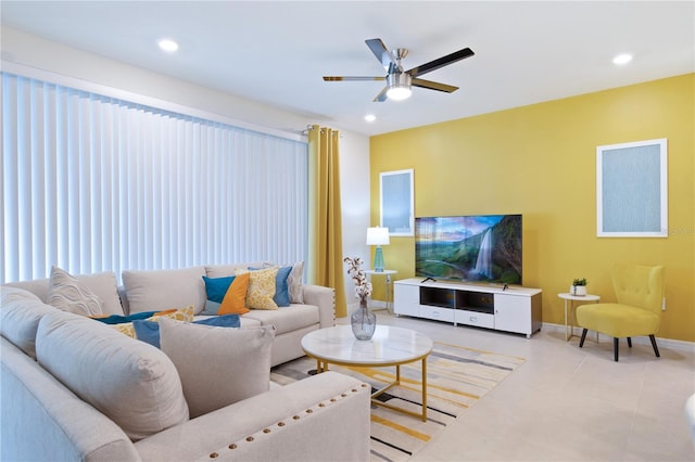 living room featuring ceiling fan