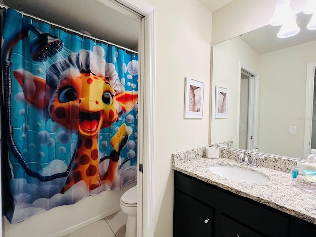 full bathroom with vanity, toilet, shower / bathtub combination with curtain, and tile patterned flooring