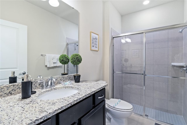 bathroom with toilet, a shower with shower door, and vanity