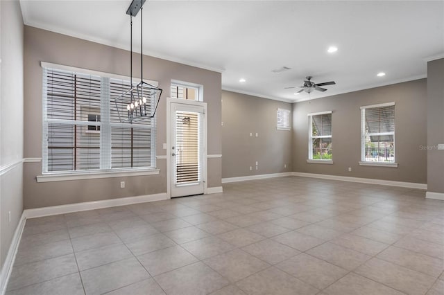 interior space featuring ceiling fan with notable chandelier and ornamental molding