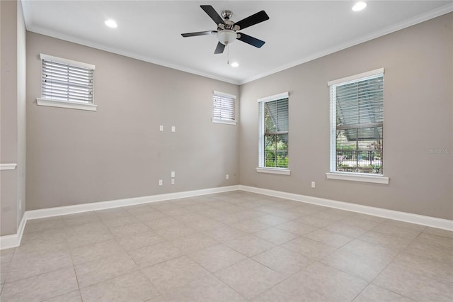 empty room featuring light tile patterned flooring, crown molding, and ceiling fan