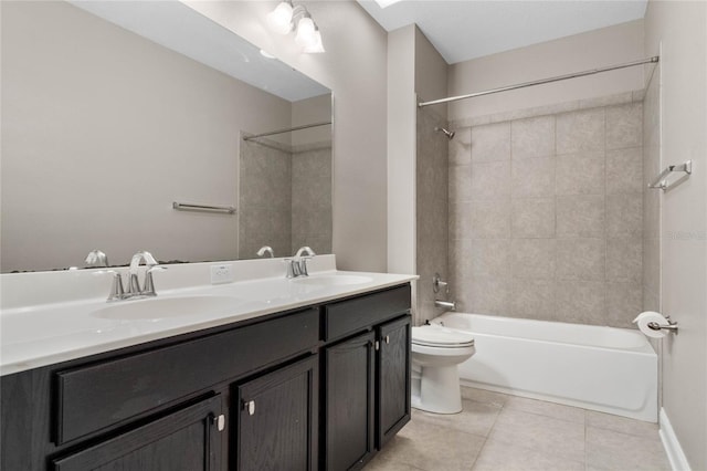 full bathroom featuring tile patterned floors, vanity, toilet, and tiled shower / bath combo