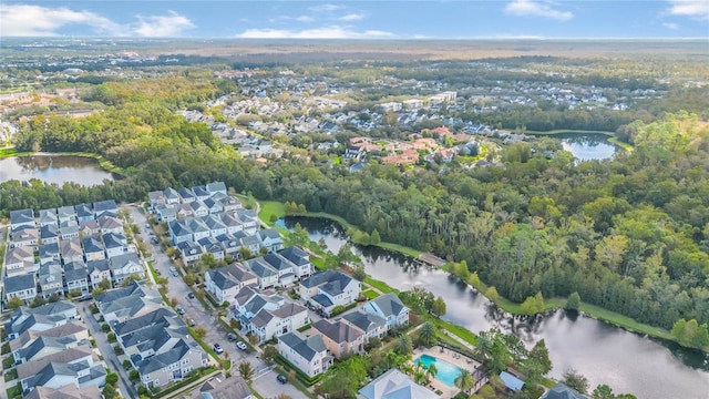 drone / aerial view featuring a water view