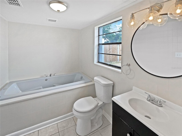 bathroom featuring vanity, tile patterned flooring, a relaxing tiled tub, ornamental molding, and toilet