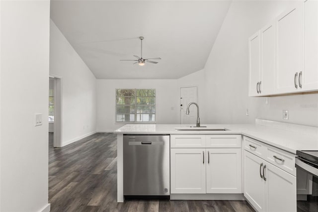 kitchen with white cabinetry, sink, stainless steel dishwasher, ceiling fan, and kitchen peninsula