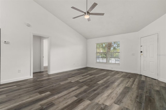 unfurnished living room with ceiling fan, high vaulted ceiling, and dark hardwood / wood-style flooring