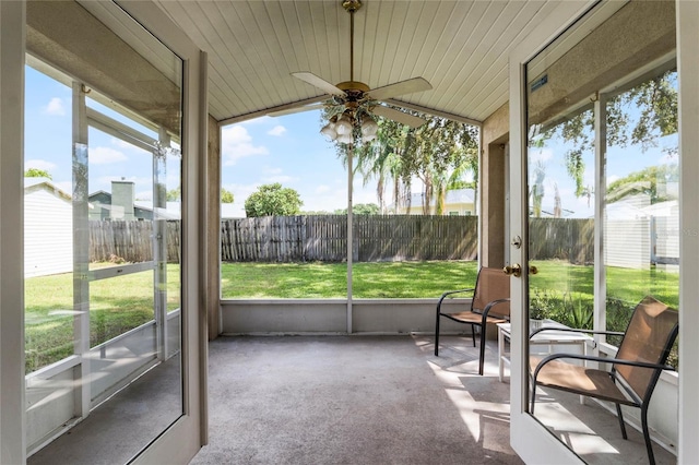 sunroom / solarium featuring vaulted ceiling, ceiling fan, and wood ceiling