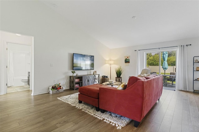 living room with wood-type flooring and high vaulted ceiling