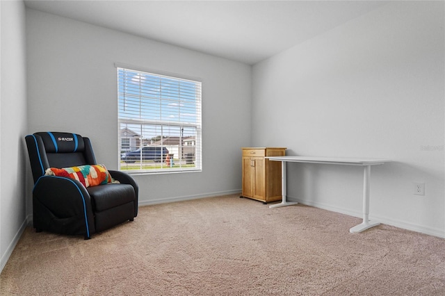 living area featuring light carpet