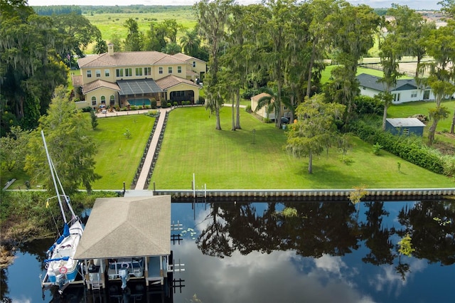 bird's eye view with a water view