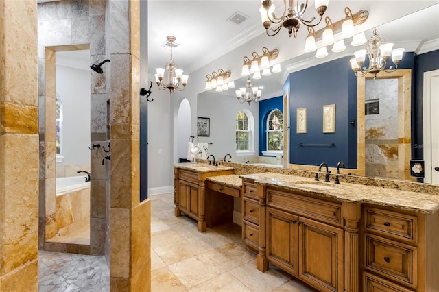 bathroom featuring crown molding, vanity, and separate shower and tub