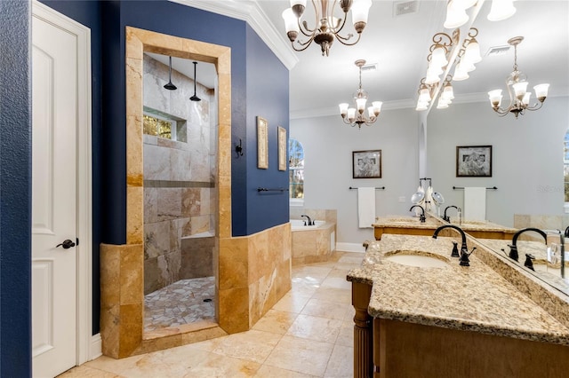 bathroom with ornamental molding, vanity, plus walk in shower, and a notable chandelier