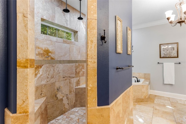 bathroom featuring ornamental molding, shower with separate bathtub, and a chandelier