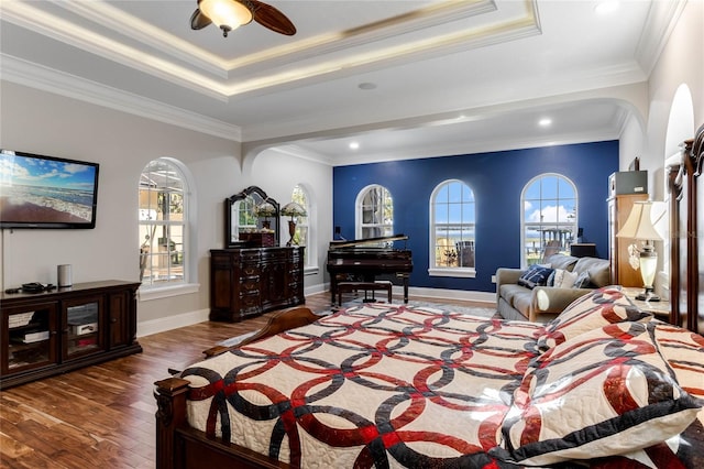 bedroom featuring ornamental molding, multiple windows, and dark wood-type flooring