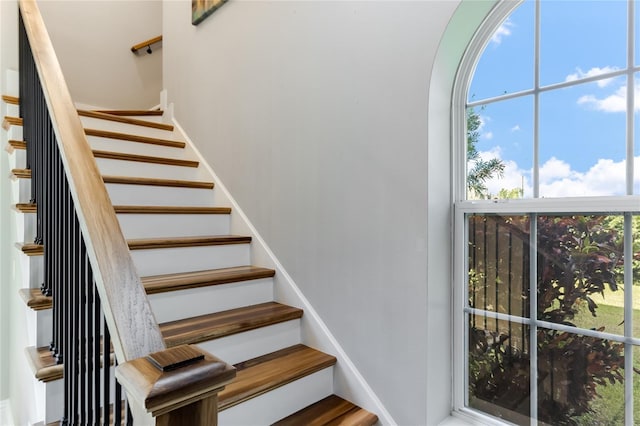 stairway with hardwood / wood-style flooring