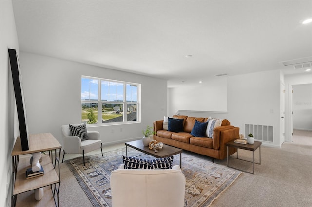 living room featuring light colored carpet