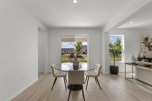 dining space with light hardwood / wood-style flooring and plenty of natural light