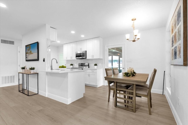 kitchen featuring white cabinets, an island with sink, pendant lighting, appliances with stainless steel finishes, and light wood-type flooring