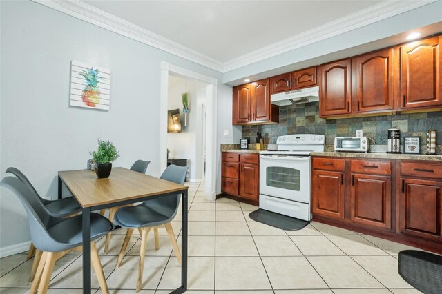 kitchen featuring light tile patterned flooring, backsplash, ornamental molding, light stone countertops, and white electric range